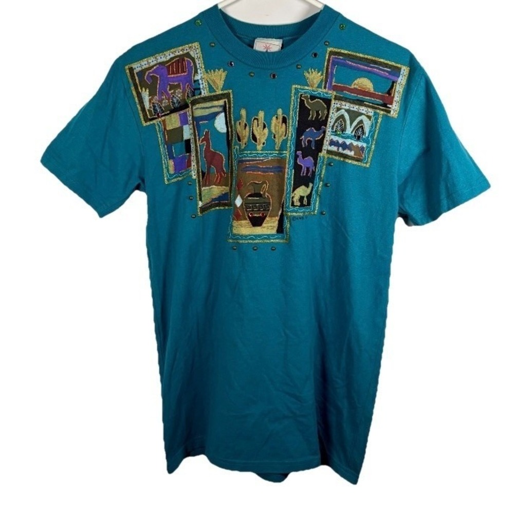 Vintage 80s 90s KWBL T-Shirt Elephant Camel Desert Egypt Embellished Safari Teal